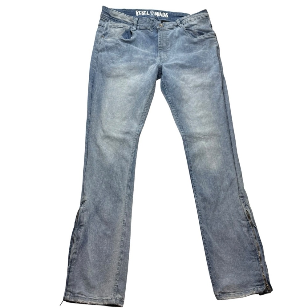Rebel Minds Jeans Mens 36x35 Light Washed Denim Zipped Flare Hem Stacked Moto
